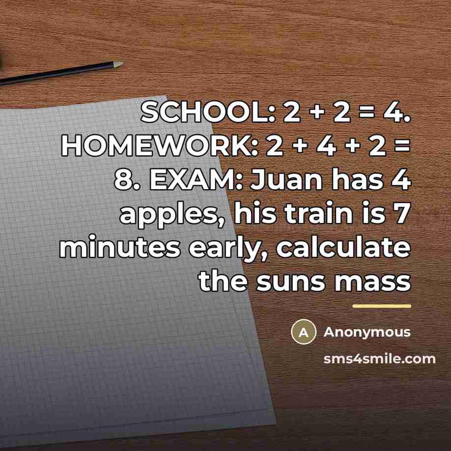 “SCHOOL: 2 + 2 = 4. HOMEWORK: 2 + 4…” quote by Anonymous