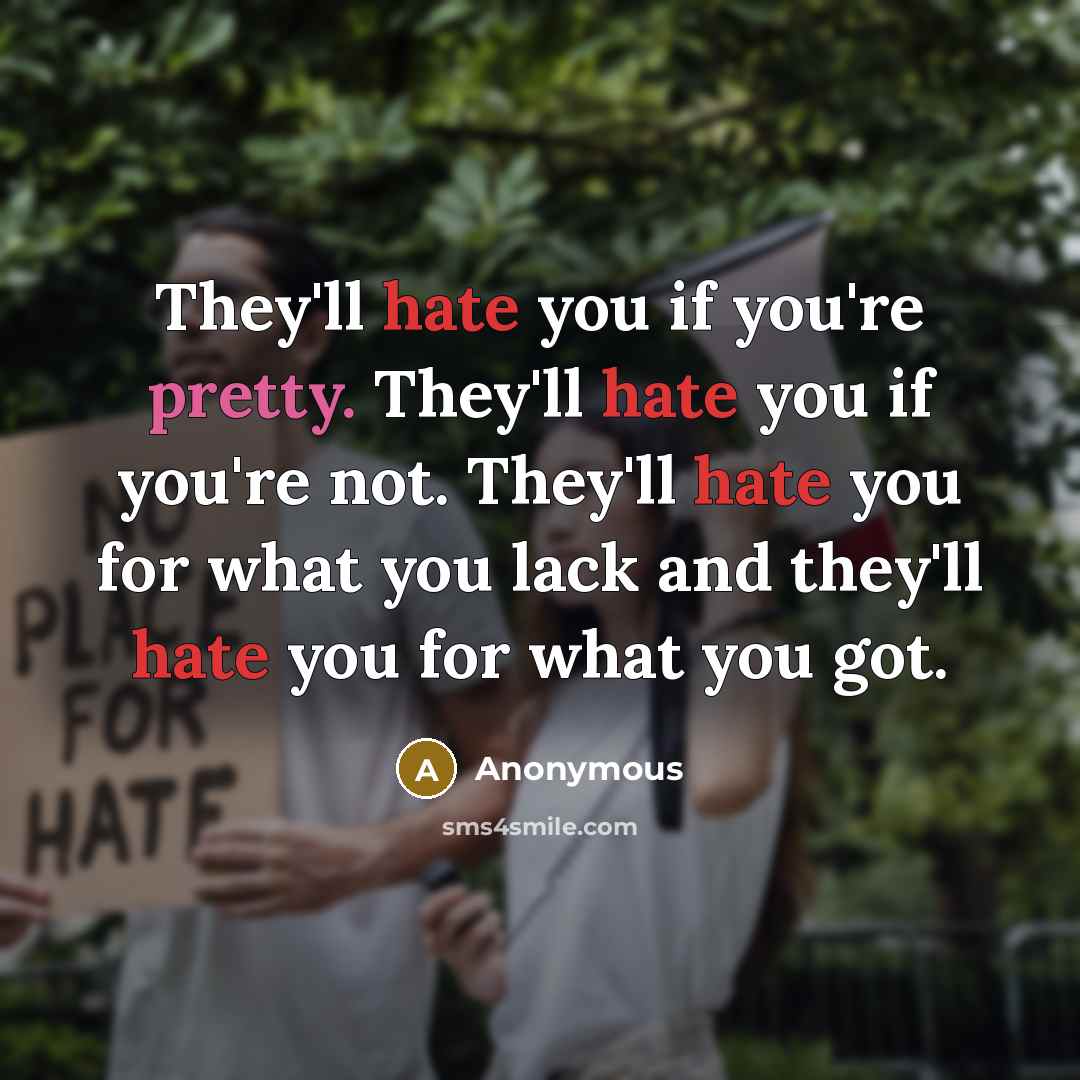 “They'll hate you if you're pretty. They'll hate you if you're not. They'll hate you for what you lack and they'll hate you for what you got.” quote by Anonymous