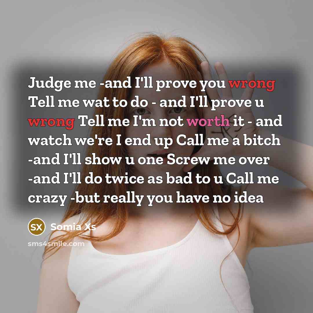 “Judge me -and I'll prove you wrong Tell me wat to do - and I'll prove u wrong Tell me I'm not worth it - and watch we're I end up Call me a bitch -and I'll show u one Screw me over -and I'll do twice as bad to u Call me crazy -but really you have no idea” quote by Somia Xs