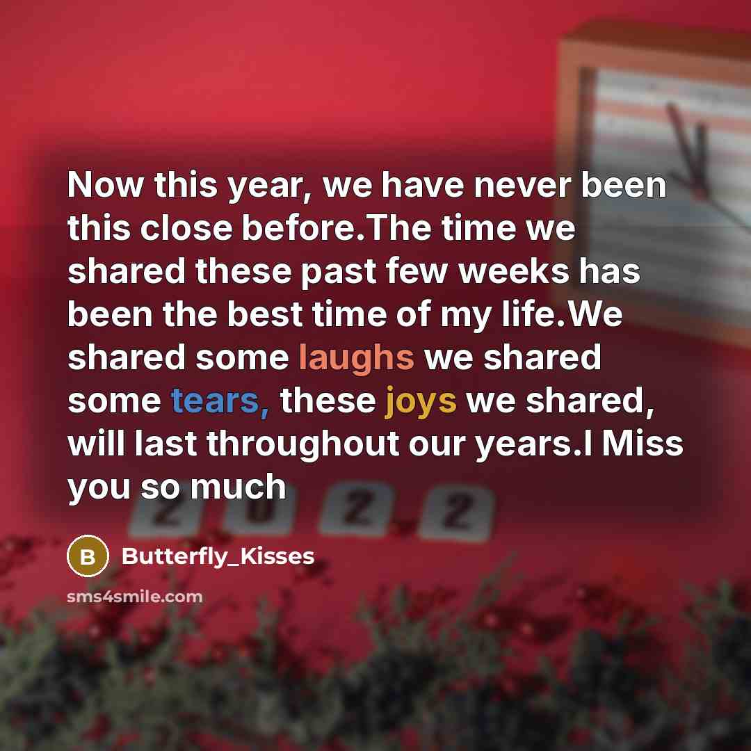“Now this year, we have never been this close before.The time we shared these past few weeks has been the best time of my life.We shared some laughs we shared some tears, these joys we shared, will last throughout our years.I Miss you so much” quote by Butterfly_Kisses
