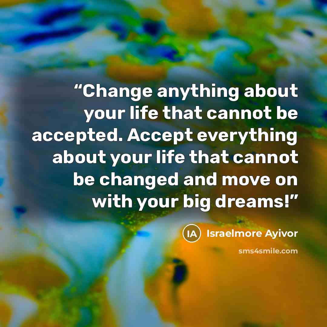 “Change anything about your life that cannot be accepted. Accept everything about your life that cannot be changed and move on with your big dreams!” quote by Israelmore Ayivor