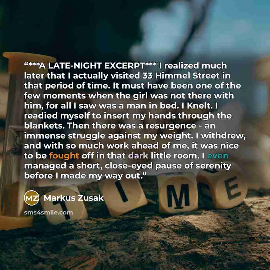 “***A LATE-NIGHT EXCERPT*** I realized much later that I actually visited 33 Himmel Street in that period of time. It must have been one of the few moments when the girl was not there with him, for all I saw was a man in bed. I Knelt. I readied myself to insert my hands through the blankets. Then…” quote by Markus Zusak