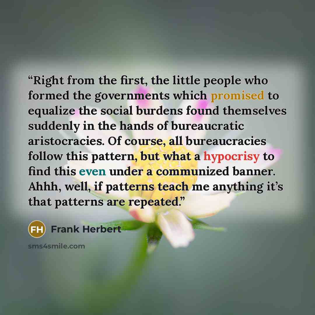 “Right from the first, the little people who formed the governments which promised to equalize the social burdens found themselves suddenly in the hands of bureaucratic aristocracies. Of course, all bureaucracies follow this pattern, but what a hypocrisy to find this even under a communized banner…” quote by Frank Herbert
