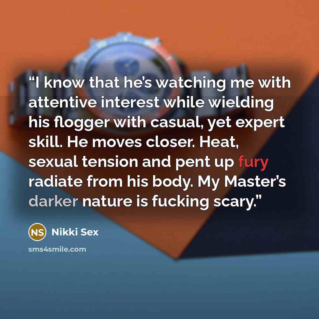 “I know that he’s watching me with attentive interest while wielding his flogger with casual, yet expert skill. He moves closer. Heat, sexual tension and pent up fury radiate from his body. My Master’s darker nature is fucking scary.” quote by Nikki Sex