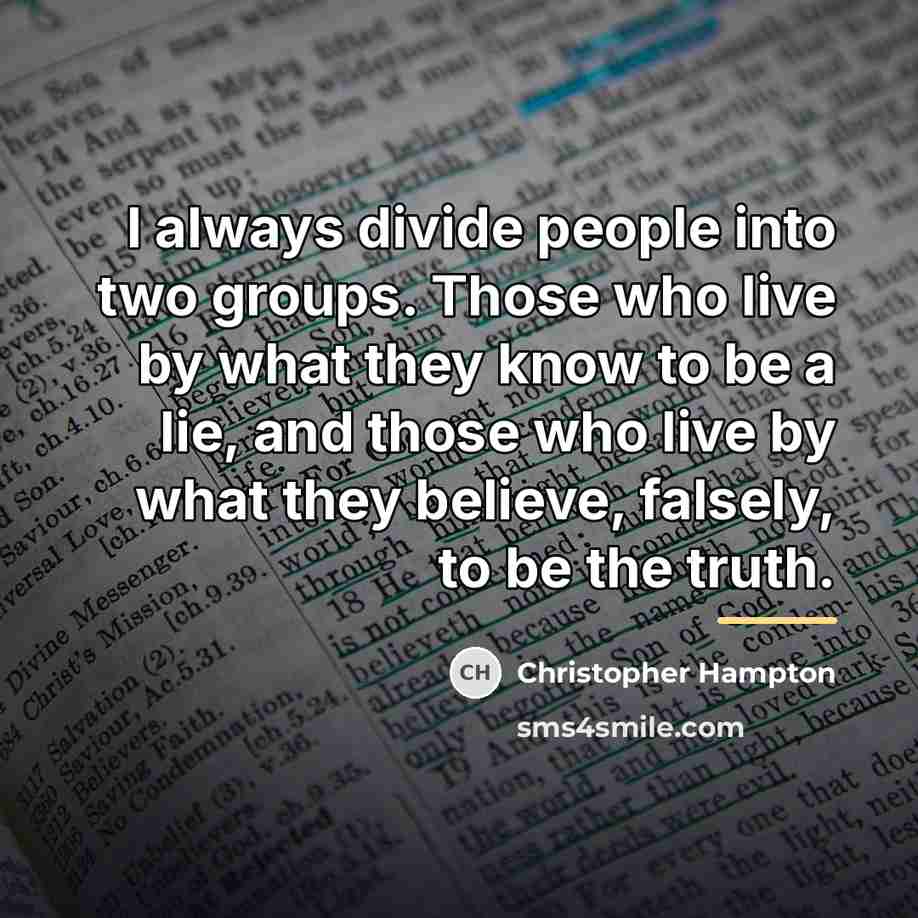 “I always divide people into two groups. Those who live…” quote by Christopher Hampton