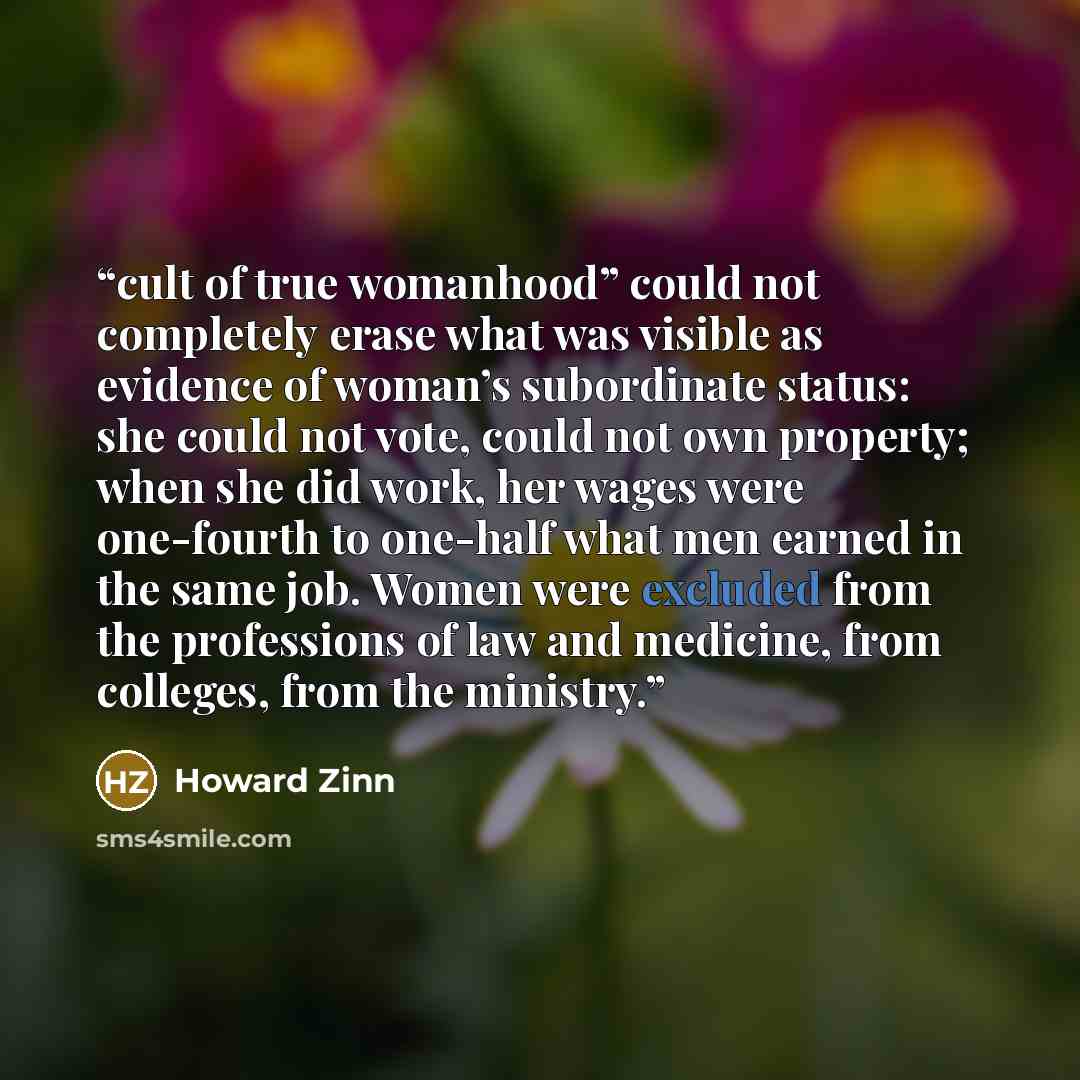 “cult of true womanhood” could not completely erase what was visible as evidence of woman’s subordinate status: she could not vote, could not own property; when she did work, her wages were one-fourth to one-half what men earned in the same job. Women were excluded from the professions of law and…” quote by Howard Zinn