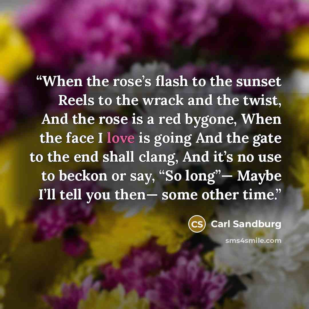 “When the rose’s flash to the sunset Reels to the wrack and the twist, And the rose is a red bygone, When the face I love is going And the gate to the end shall clang, And it’s no use to beckon or say, “So long”— Maybe I’ll tell you then— some other time.” quote by Carl Sandburg