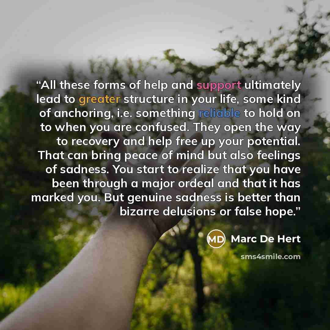 “All these forms of help and support ultimately lead to greater structure in your life, some kind of anchoring, i.e. something reliable to hold on to when you are confused. They open the way to recovery and help free up your potential. That can bring peace of mind but also feelings of sadness. You…” quote by Marc De Hert