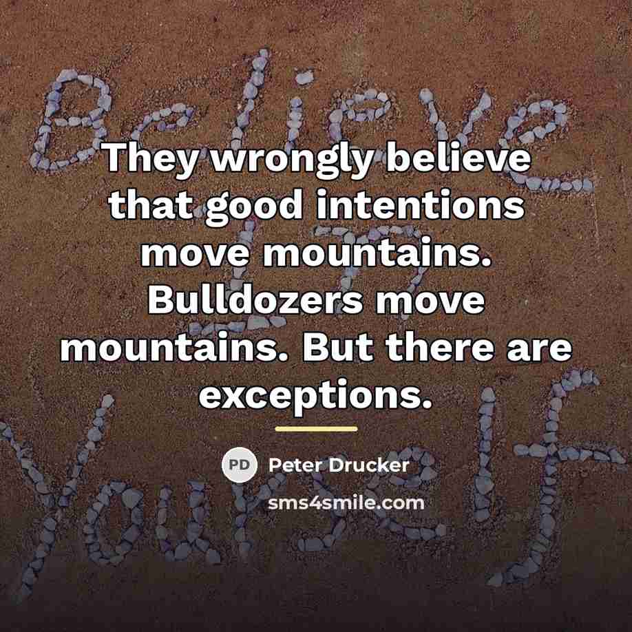“They wrongly believe that good intentions move mountains. Bulldozers move…” quote by Peter Drucker