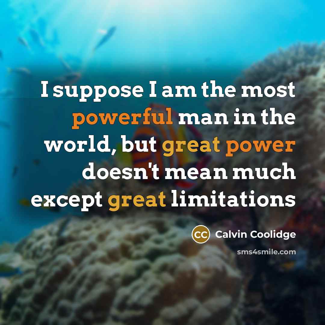 “I suppose I am the most powerful man in the world, but great power doesn't mean much except great limitations” quote by Calvin Coolidge
