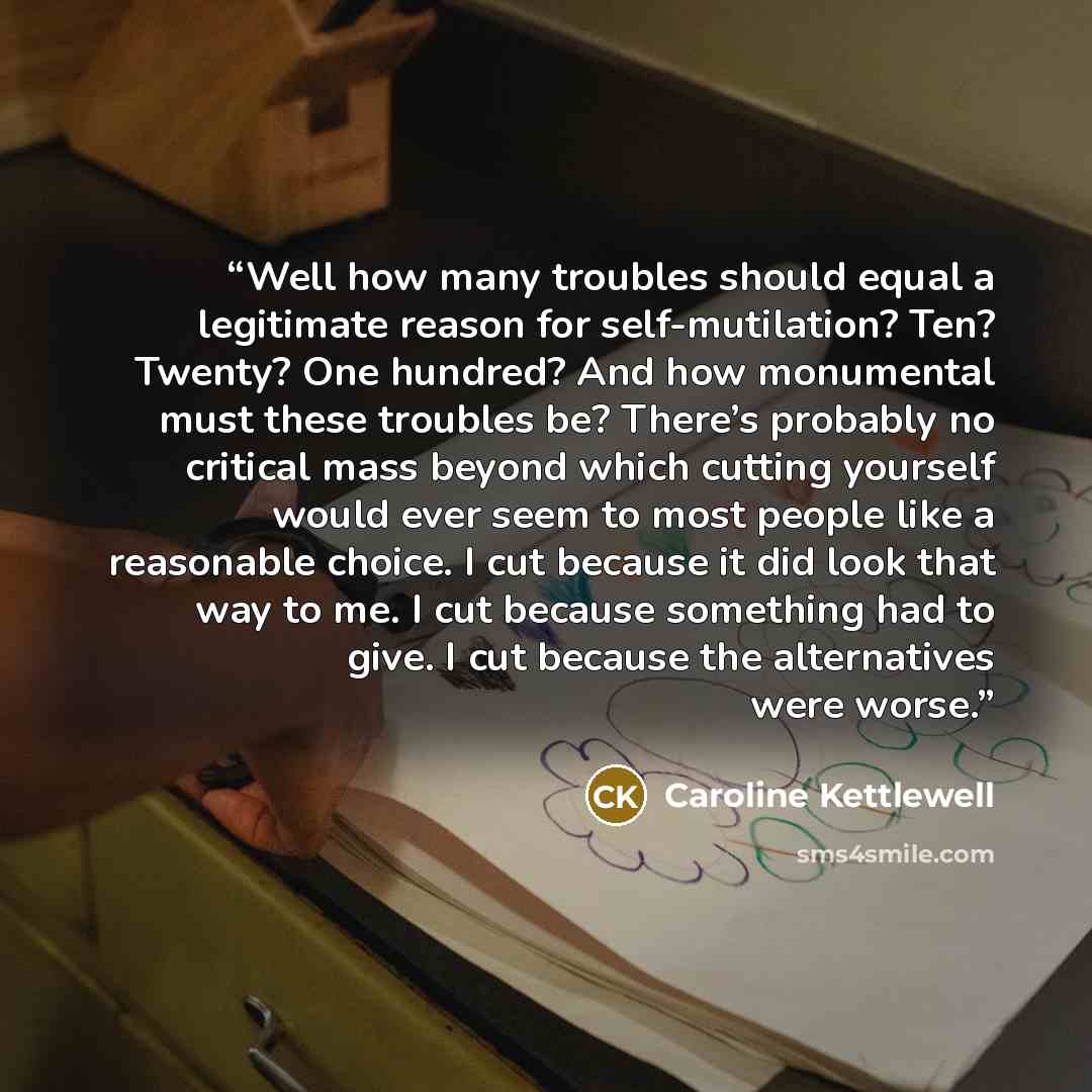 “Well how many troubles should equal a legitimate reason for self-mutilation? Ten? Twenty? One hundred? And how monumental must these troubles be? There’s probably no critical mass beyond which cutting yourself would ever seem to most people like a reasonable choice. I cut because it did look that…” quote by Caroline Kettlewell