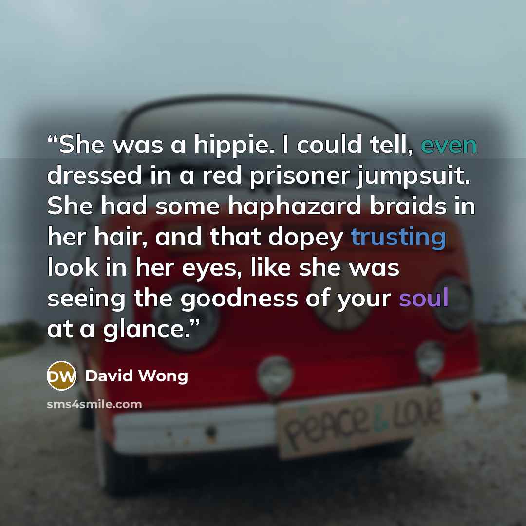 “She was a hippie. I could tell, even dressed in a red prisoner jumpsuit. She had some haphazard braids in her hair, and that dopey trusting look in her eyes, like she was seeing the goodness of your soul at a glance.” quote by David Wong