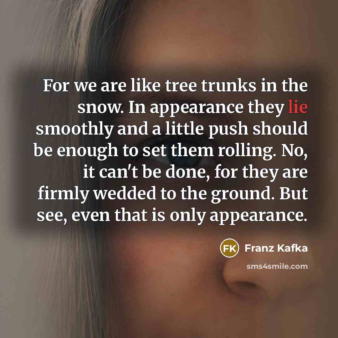 “For we are like tree trunks in the snow. In…” quote by Franz Kafka
