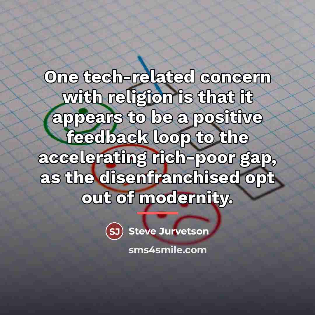 “One tech-related concern with religion is that it appears to…” quote by Steve Jurvetson