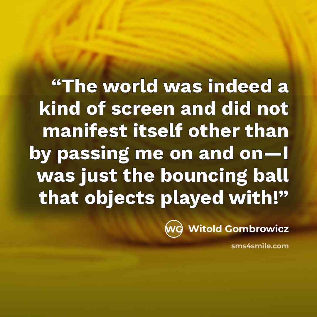 “The world was indeed a kind of screen and did not manifest itself other than by passing me on and on—I was just the bouncing ball that objects played with!” quote by Witold Gombrowicz