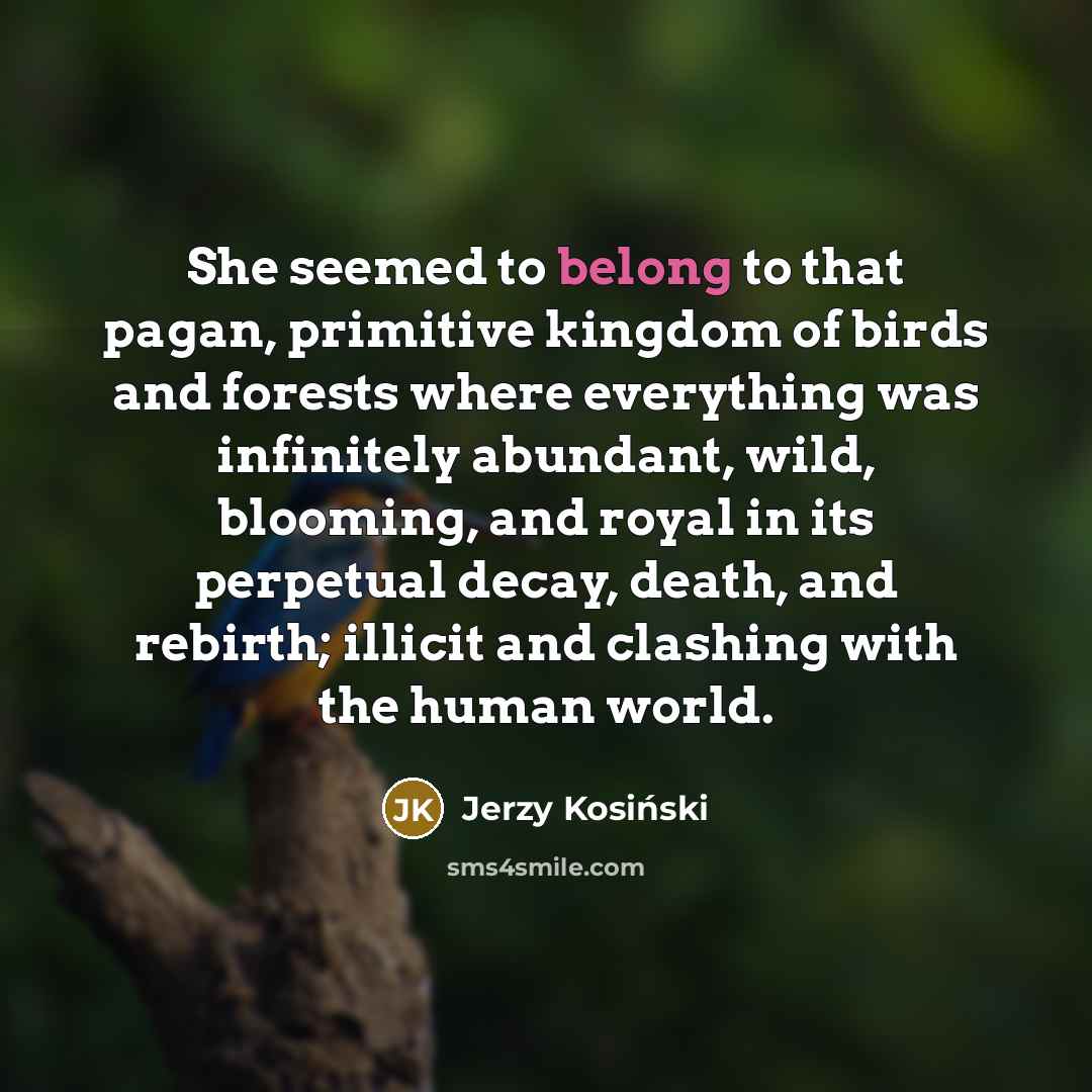 “She seemed to belong to that pagan, primitive kingdom of…” quote by Jerzy Kosinski