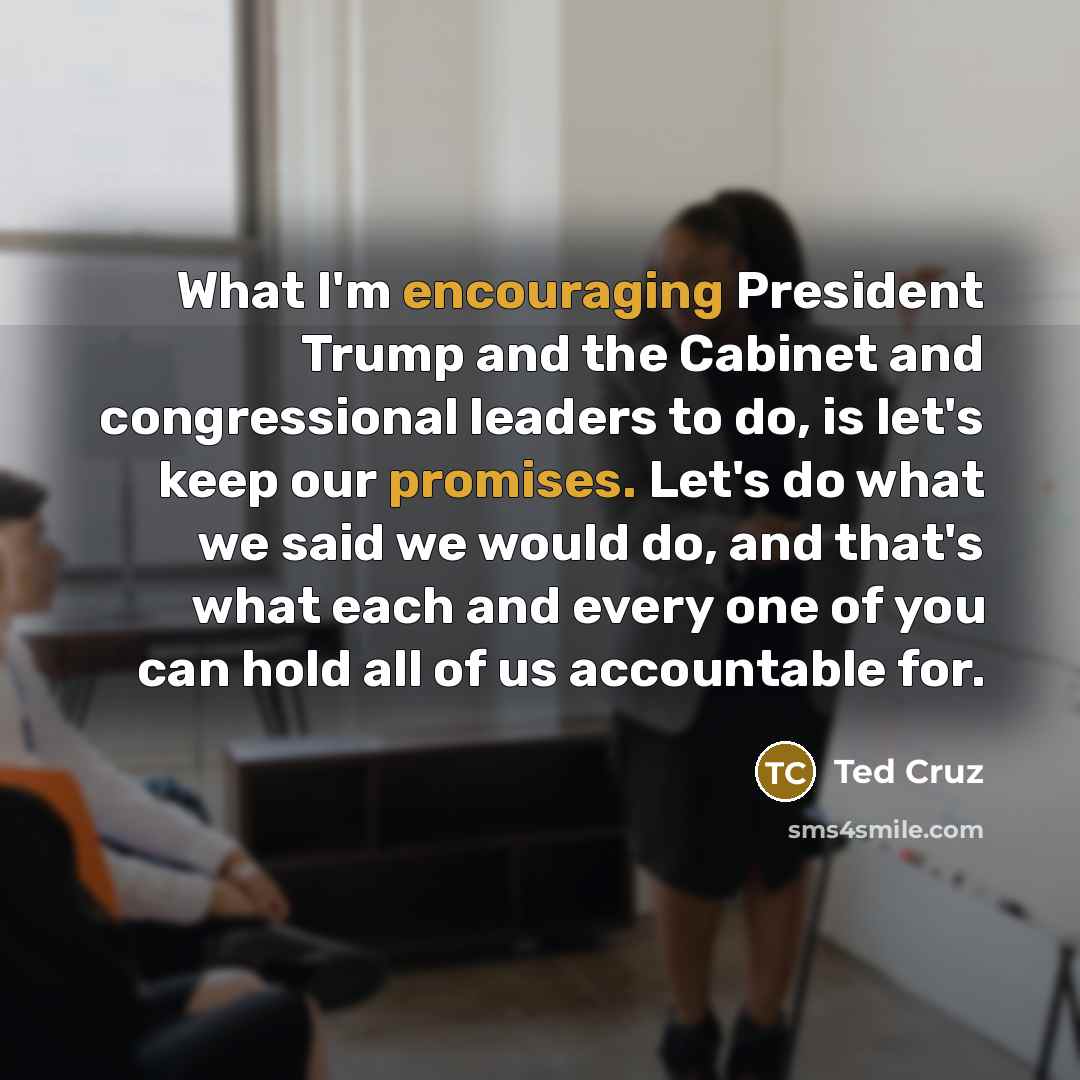 “What I'm encouraging President Trump and the Cabinet and congressional leaders to do, is let's keep our promises. Let's do what we said we would do, and that's what each and every one of you can hold all of us accountable for.” quote by Ted Cruz