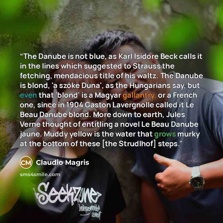 “The Danube is not blue, as Karl Isidore Beck calls it in the lines which suggested to Strauss the fetching, mendacious title of his waltz. The Danube is blond, 'a szöke Duna', as the Hungarians say, but even that 'blond' is a Magyar gallantry, or a French one, since in 1904 Gaston Lavergnolle…” quote by Claudio Magris
