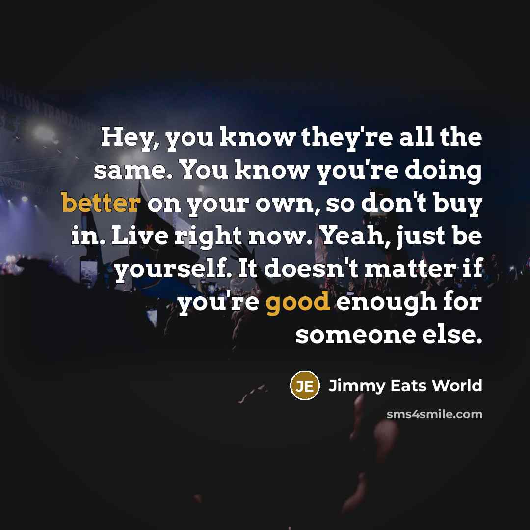 “Hey, you know they're all the same. You know you're doing better on your own, so don't buy in. Live right now. Yeah, just be yourself. It doesn't matter if you're good enough for someone else.” quote by Jimmy Eats World
