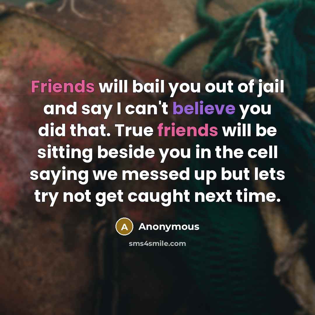 “Friends will bail you out of jail and say I can't believe you did that. True friends will be sitting beside you in the cell saying we messed up but lets try not get caught next time.” quote by Anonymous