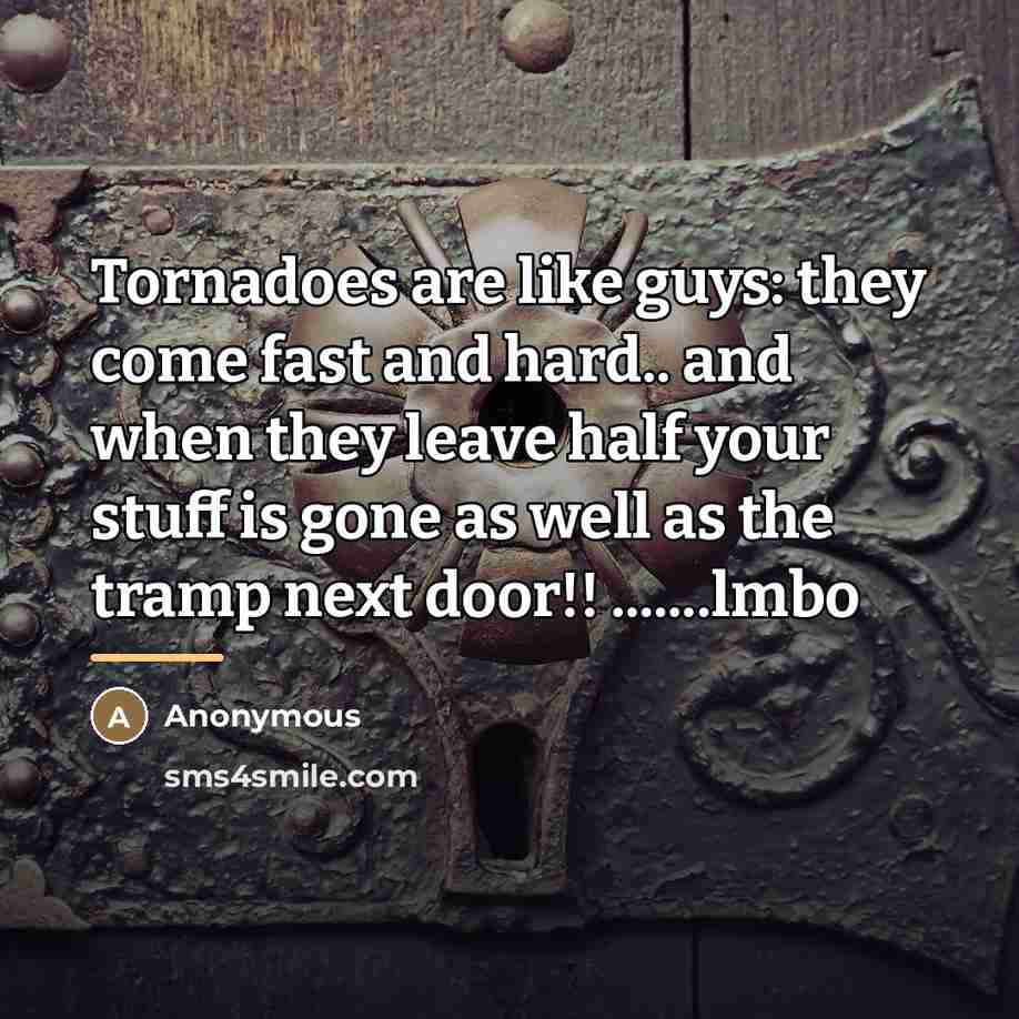 “Tornadoes are like guys: they come fast and hard.. and…” quote by Brianna Webb