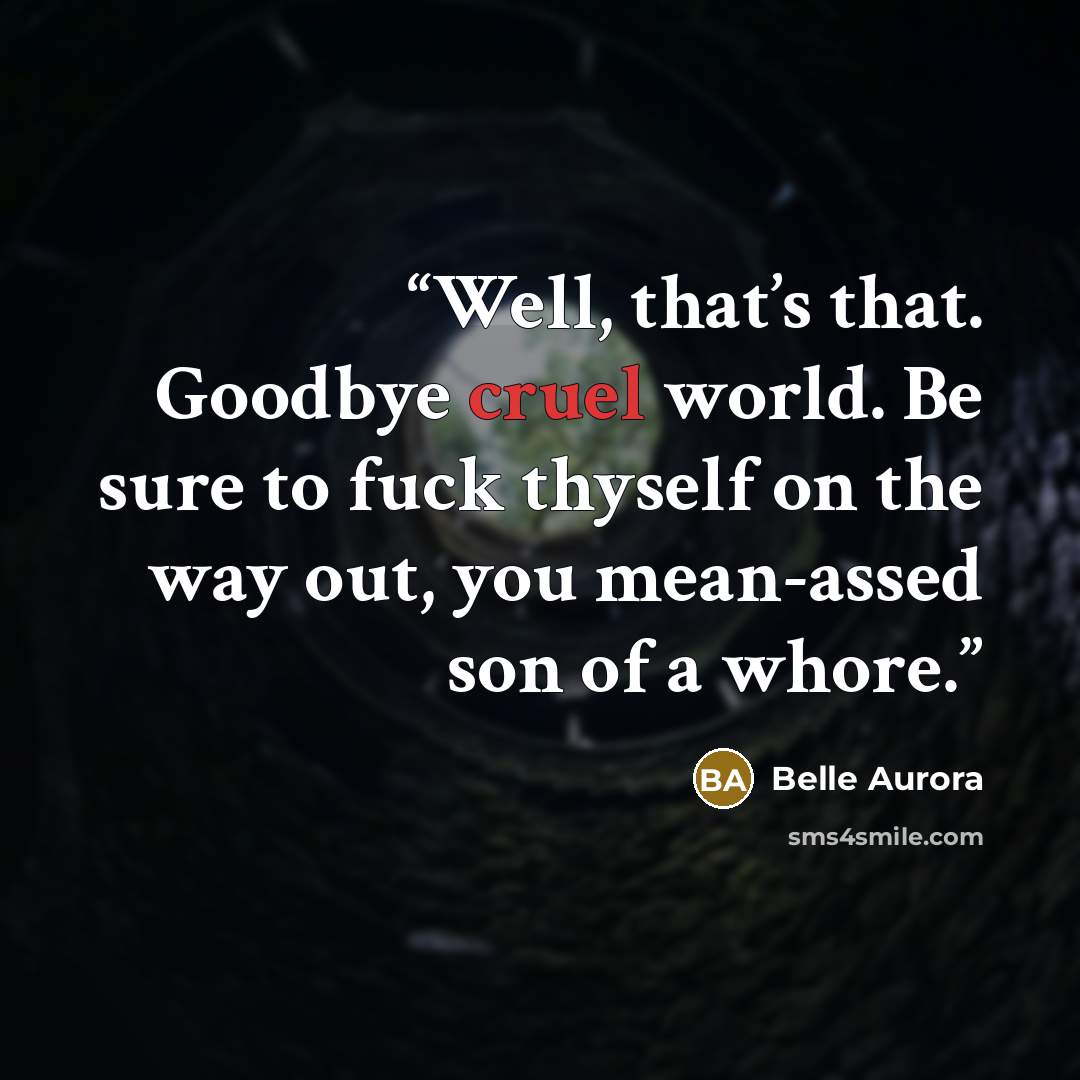 “Well, that’s that. Goodbye cruel world. Be sure to fuck thyself on the way out, you mean-assed son of a whore.” quote by Belle Aurora