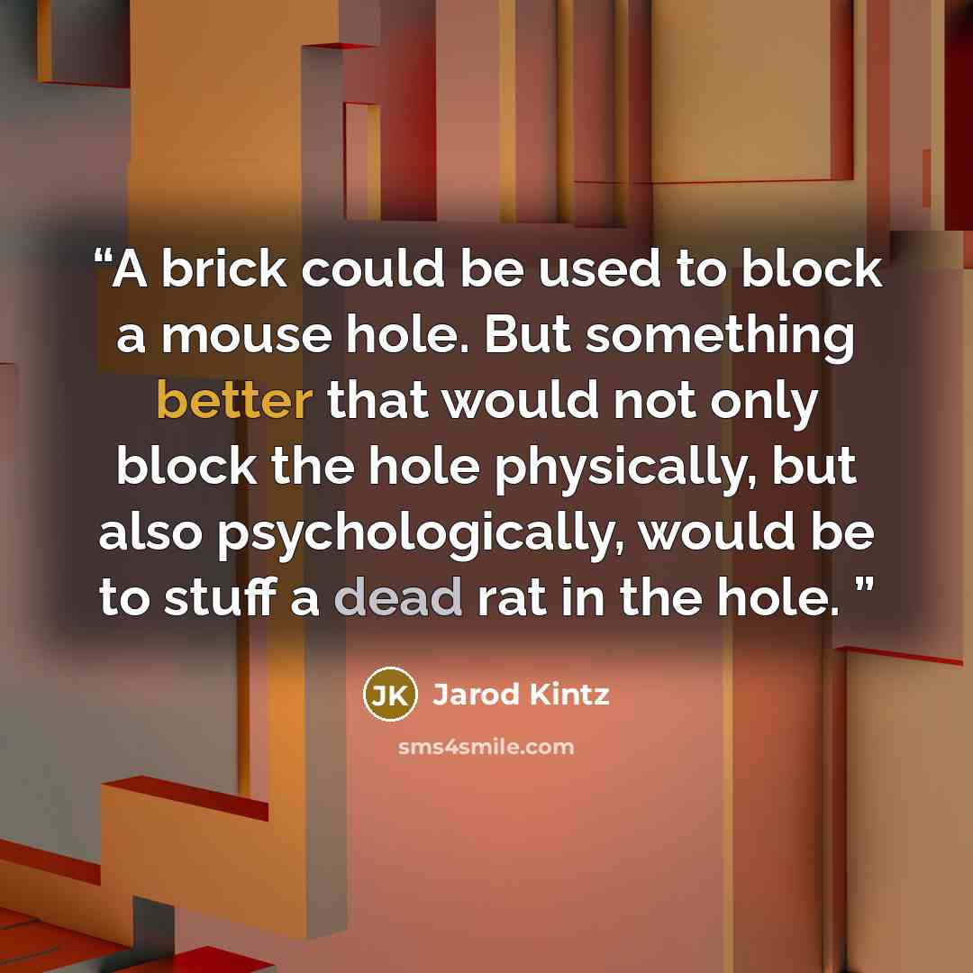“A brick could be used to block a mouse hole. But something better that would not only block the hole physically, but also psychologically, would be to stuff a dead rat in the hole.” quote by Jarod Kintz