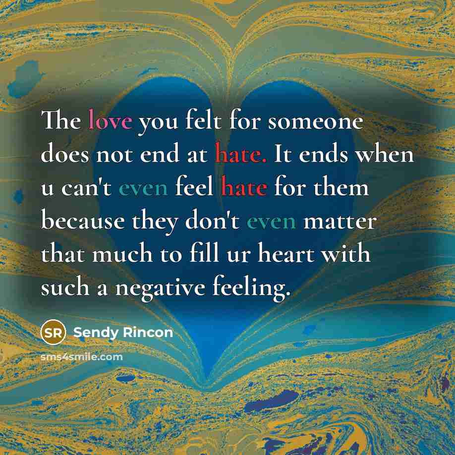 “The love you felt for someone does not end at hate. It ends when u can't even feel hate for them because they don't even matter that much to fill ur heart with such a negative feeling.” quote by Sendy Rincon