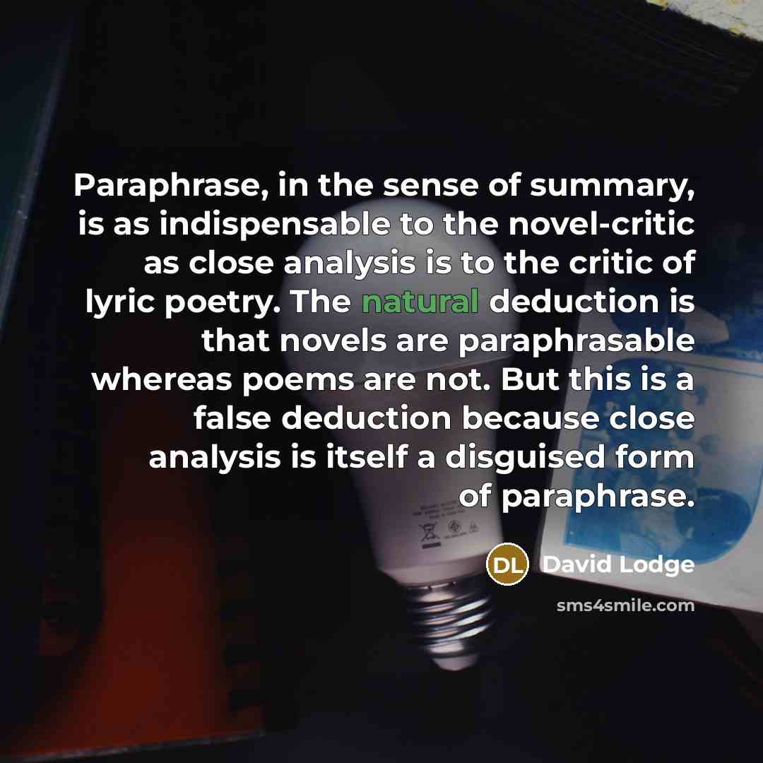 “Paraphrase, in the sense of summary, is as indispensable to…” quote by David Lodge