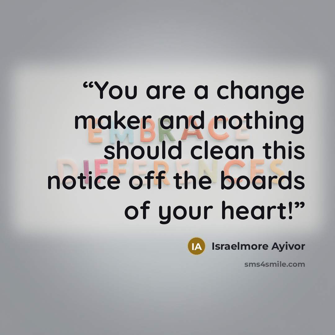 “You are a change maker and nothing should clean this notice off the boards of your heart!” quote by Israelmore Ayivor