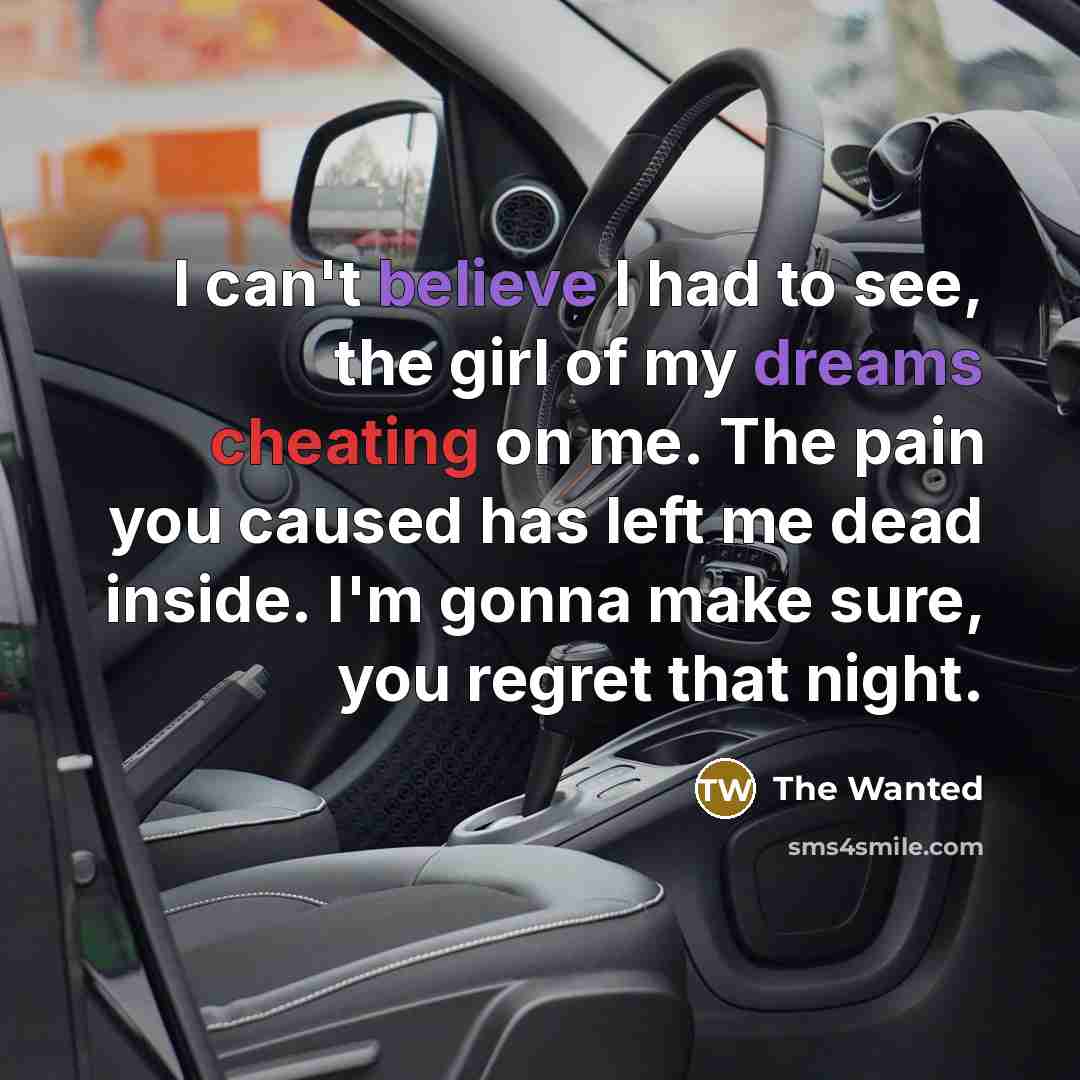 “I can't believe I had to see, the girl of my dreams cheating on me. The pain you caused has left me dead inside. I'm gonna make sure, you regret that night.” quote by The Wanted