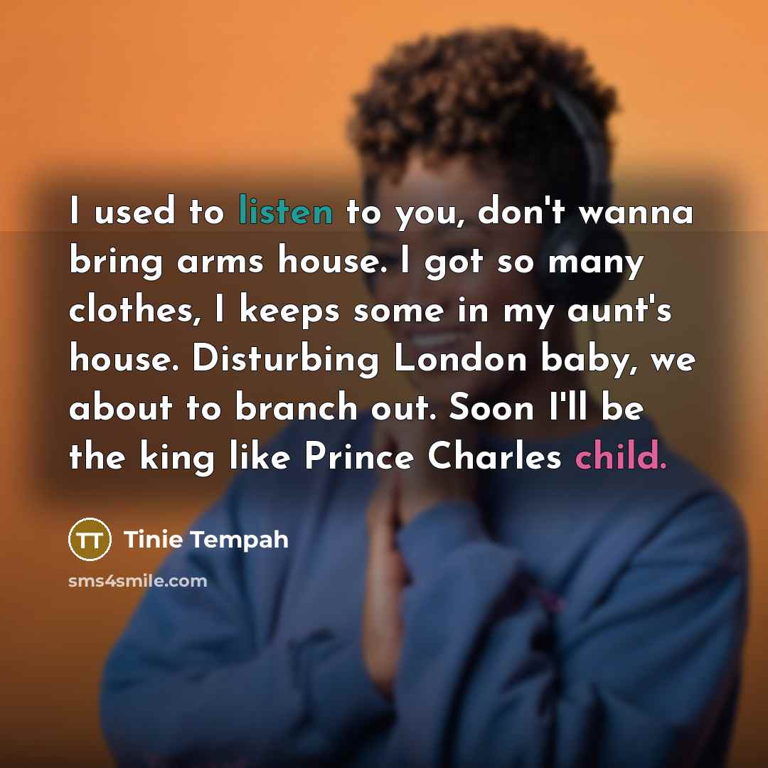 “I used to listen to you, don't wanna bring arms house. I got so many clothes, I keeps some in my aunt's house. Disturbing London baby, we about to branch out. Soon I'll be the king like Prince Charles child.” quote by Tinie Tempah