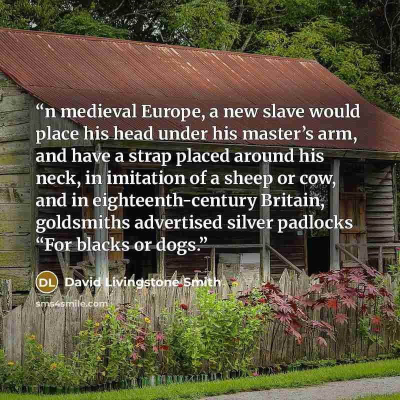 “n medieval Europe, a new slave would place his head under his master’s arm, and have a strap placed around his neck, in imitation of a sheep or cow, and in eighteenth-century Britain, goldsmiths advertised silver padlocks “For blacks or dogs.” quote by David Livingstone Smith