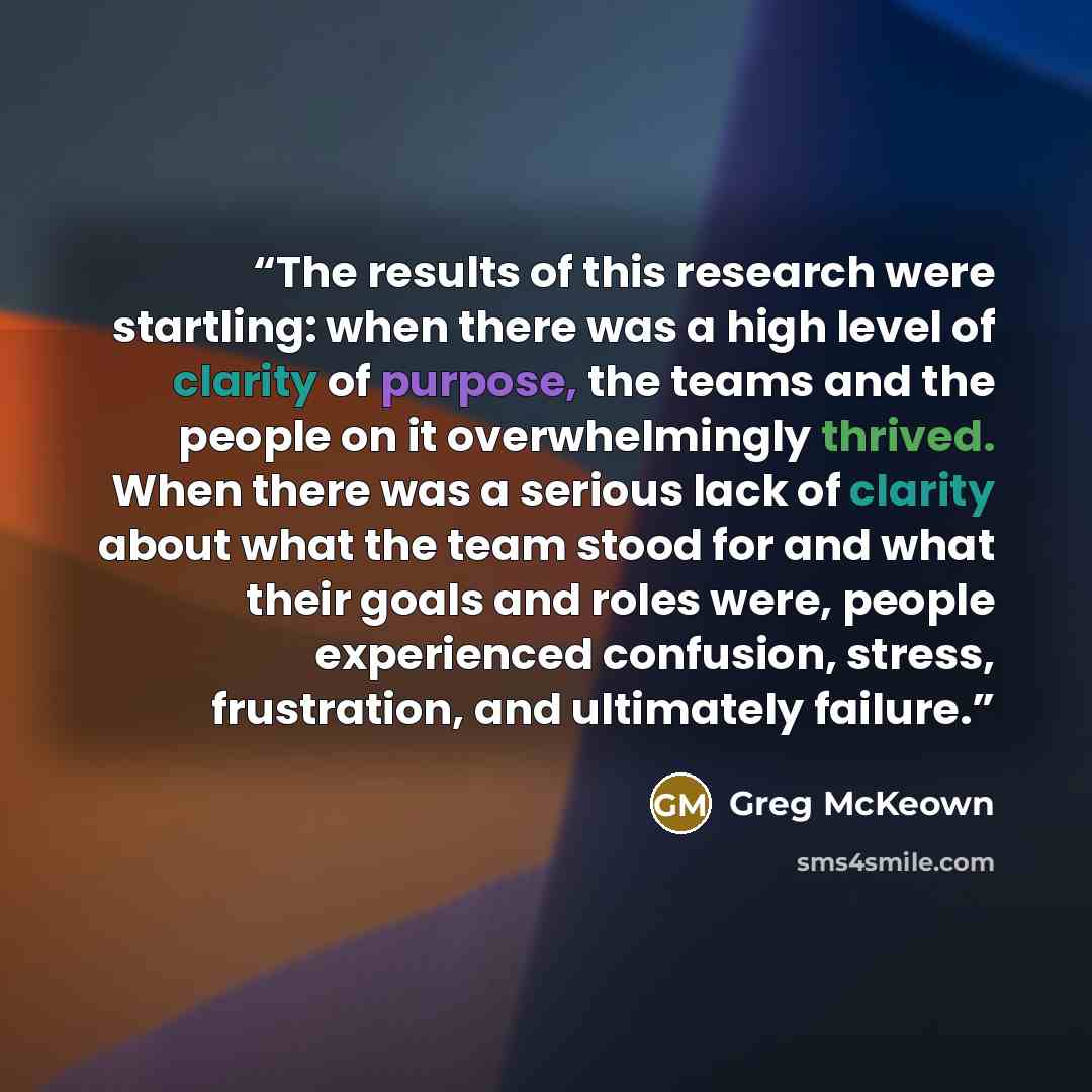 “The results of this research were startling: when there was a high level of clarity of purpose, the teams and the people on it overwhelmingly thrived. When there was a serious lack of clarity about what the team stood for and what their goals and roles were, people experienced confusion, stress…” quote by Greg McKeown