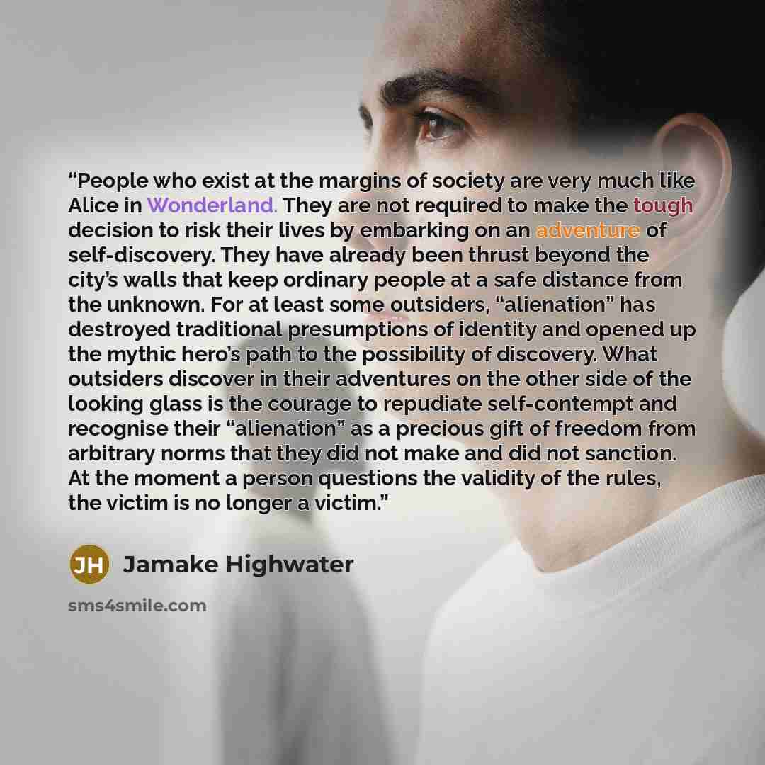 “People who exist at the margins of society are very much like Alice in Wonderland. They are not required to make the tough decision to risk their lives by embarking on an adventure of self-discovery. They have already been thrust beyond the city’s walls that keep ordinary people at a safe distance…” quote by Jamake Highwater