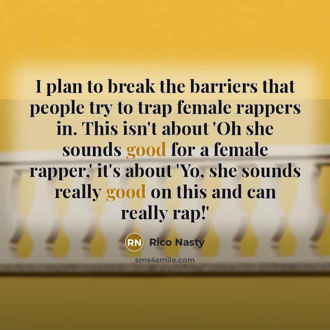 “I plan to break the barriers that people try to trap female rappers in. This isn't about 'Oh she sounds good for a female rapper,' it's about 'Yo, she sounds really good on this and can really rap!'” quote by Rico Nasty
