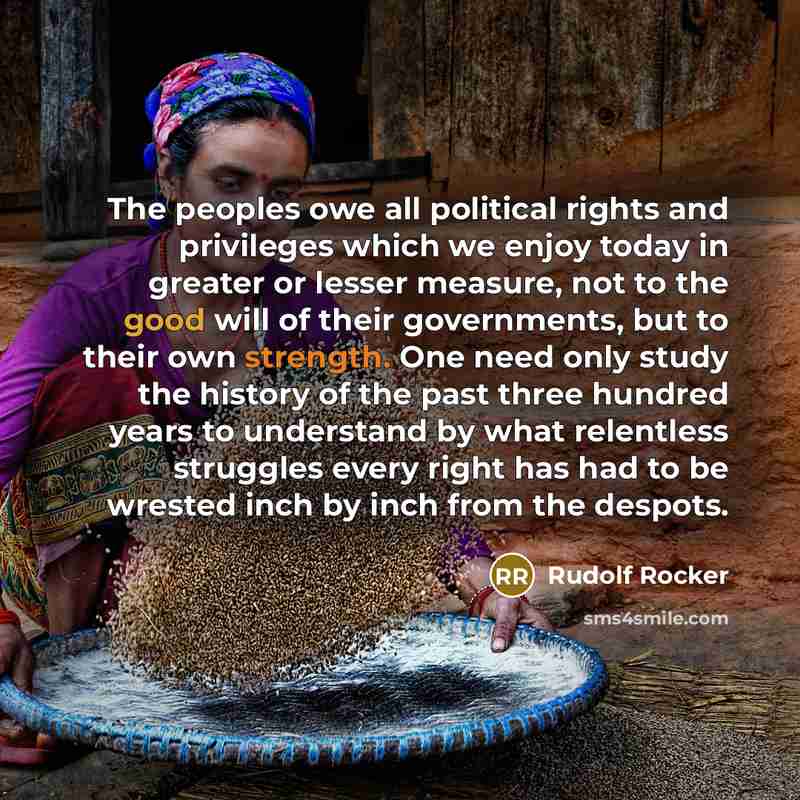 “The peoples owe all political rights and privileges which we…” quote by Rudolf Rocker