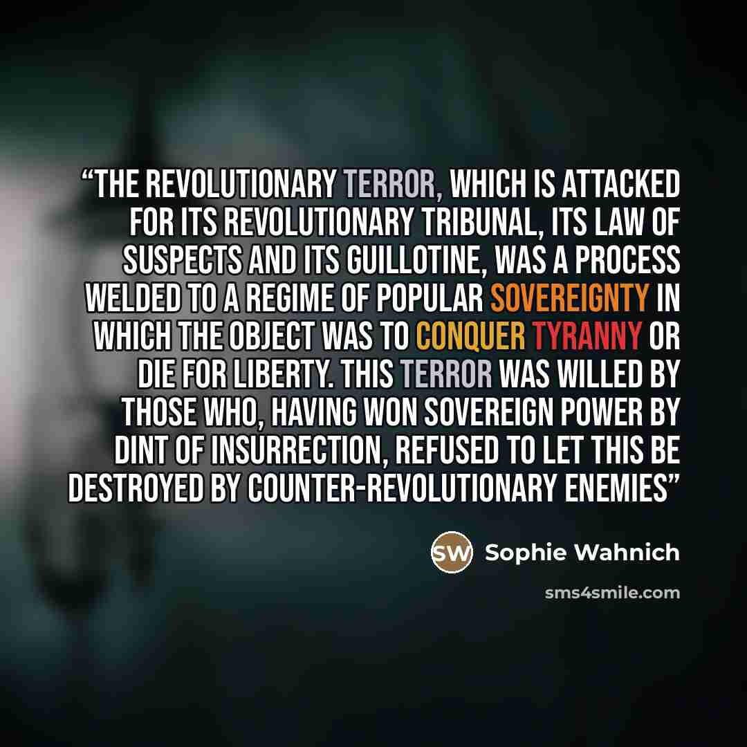 “The revolutionary Terror, which is attacked for its revolutionary tribunal, its law of suspects and its guillotine, was a process welded to a regime of popular sovereignty in which the object was to conquer tyranny or die for liberty. This Terror was willed by those who, having won sovereign power…” quote by Sophie Wahnich