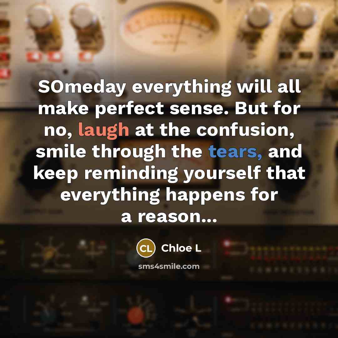 “SOmeday everything will all make perfect sense. But for no, laugh at the confusion, smile through the tears, and keep reminding yourself that everything happens for a reason...” quote by Chloe L
