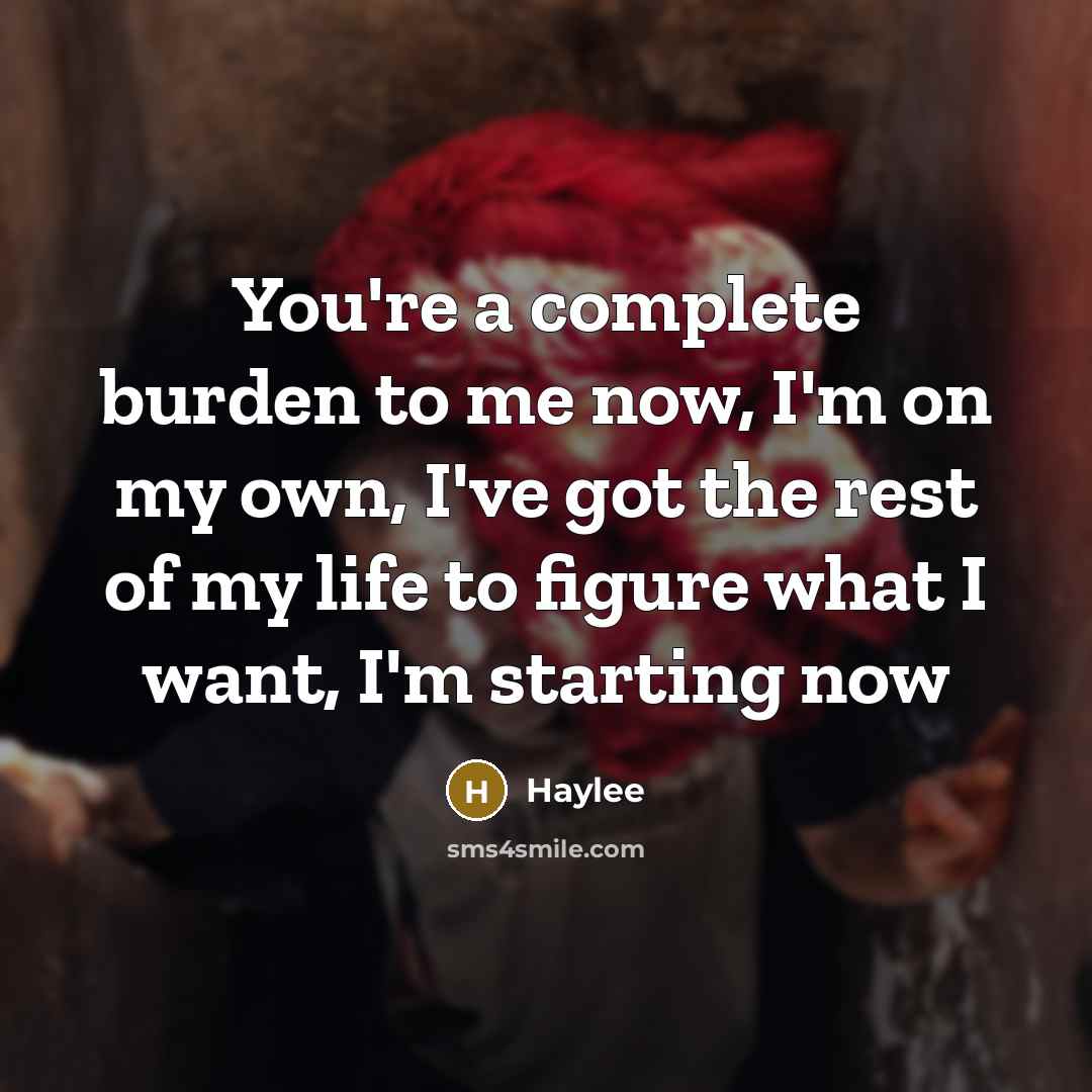 “You're a complete burden to me now, I'm on my own, I've got the rest of my life to figure what I want, I'm starting now” quote by Haylee