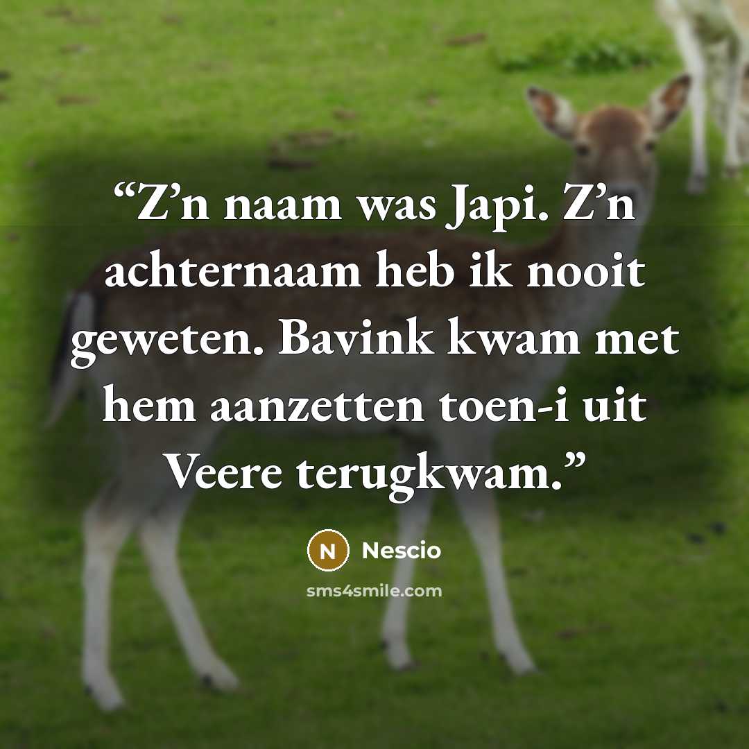 “Z’n naam was Japi. Z’n achternaam heb ik nooit geweten. Bavink kwam met hem aanzetten toen-i uit Veere terugkwam.” quote by Nescio