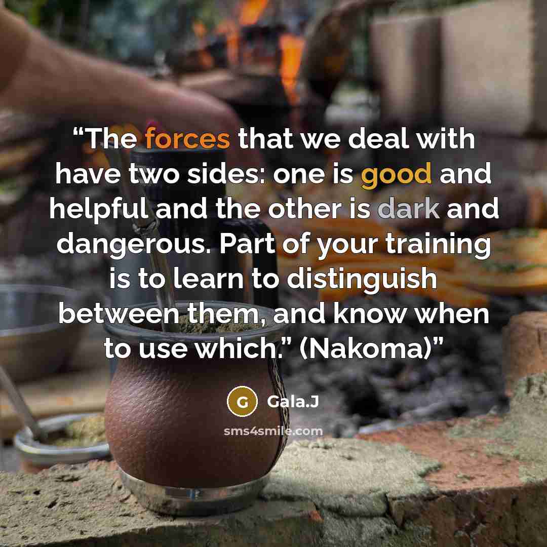 “The forces that we deal with have two sides: one is good and helpful and the other is dark and dangerous. Part of your training is to learn to distinguish between them, and know when to use which.” (Nakoma)” quote by Gala.J
