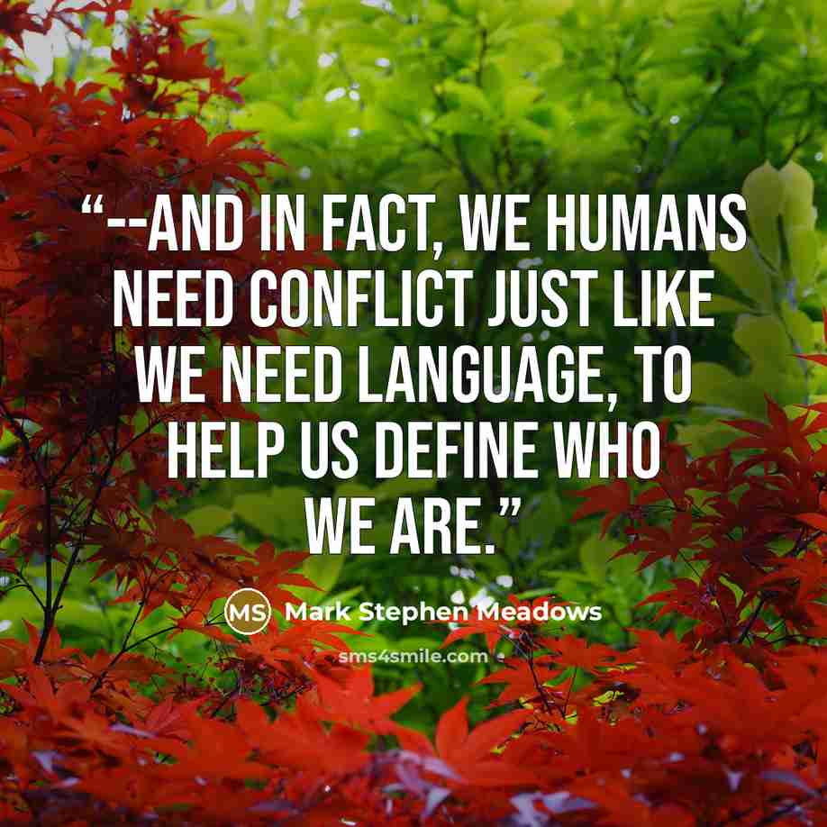 “--and in fact, we humans need conflict just like we need language, to help us define who we are.” quote by Mark Stephen Meadows