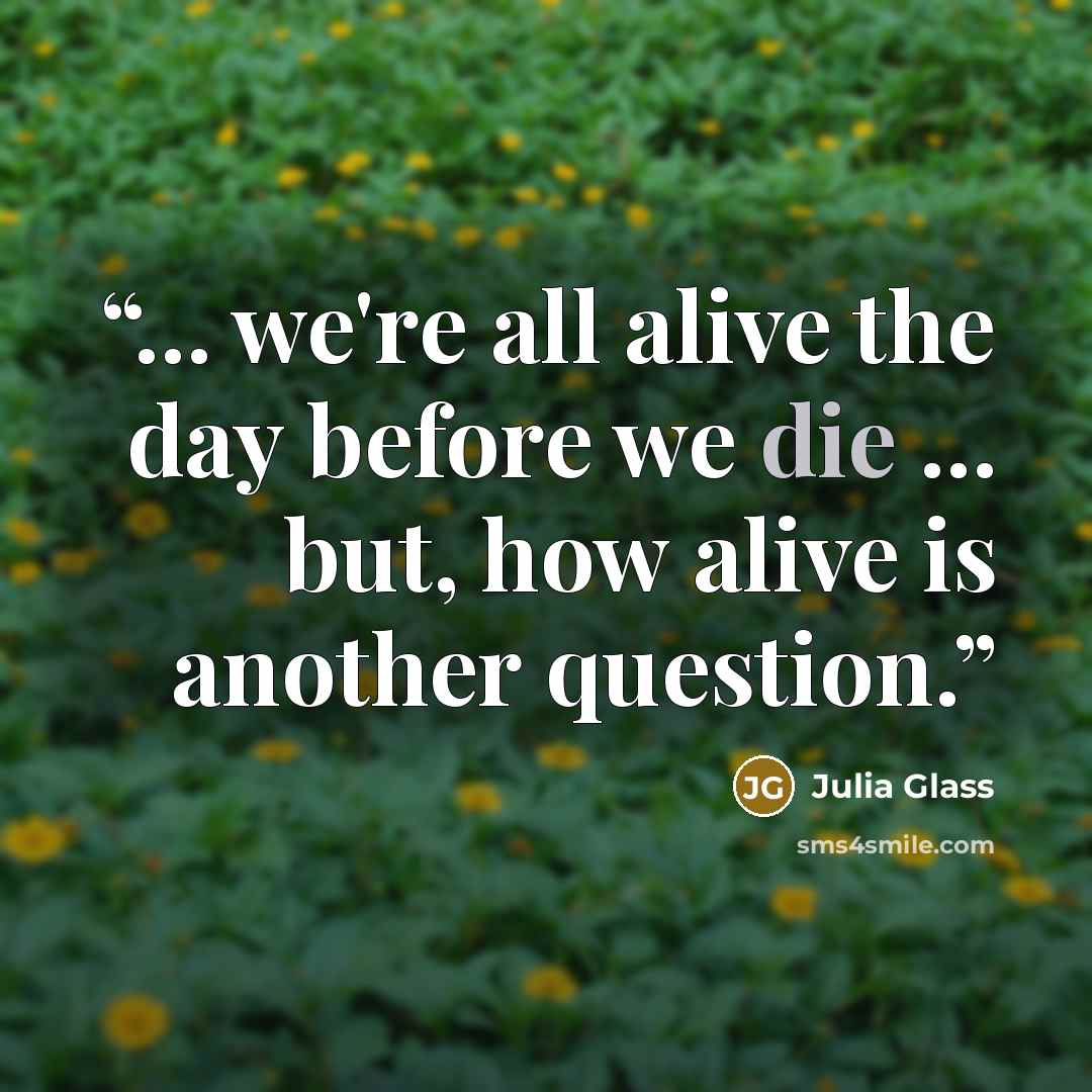 “... we're all alive the day before we die ... but, how alive is another question.” quote by Julia Glass