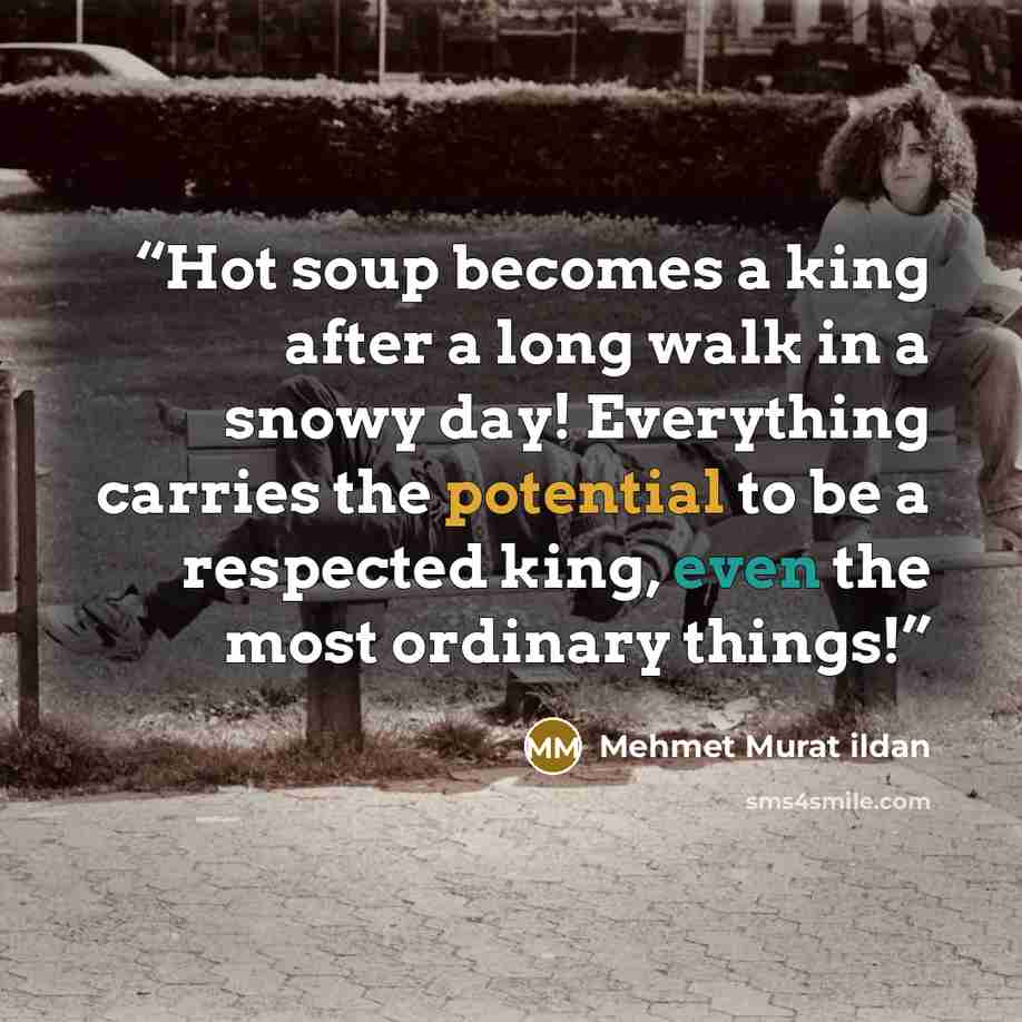 “Hot soup becomes a king after a long walk in a snowy day! Everything carries the potential to be a respected king, even the most ordinary things!” quote by Mehmet Murat ildan