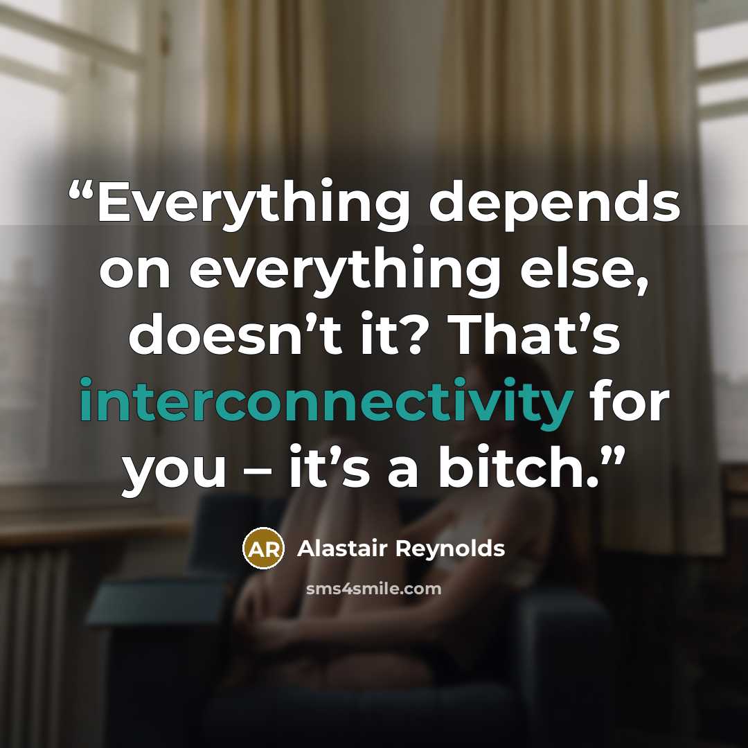 “Everything depends on everything else, doesn’t it? That’s interconnectivity for you – it’s a bitch.” quote by Alastair Reynolds