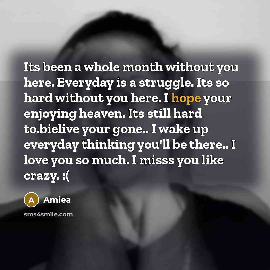 “Its been a whole month without you here. Everyday is…” quote by Amiea