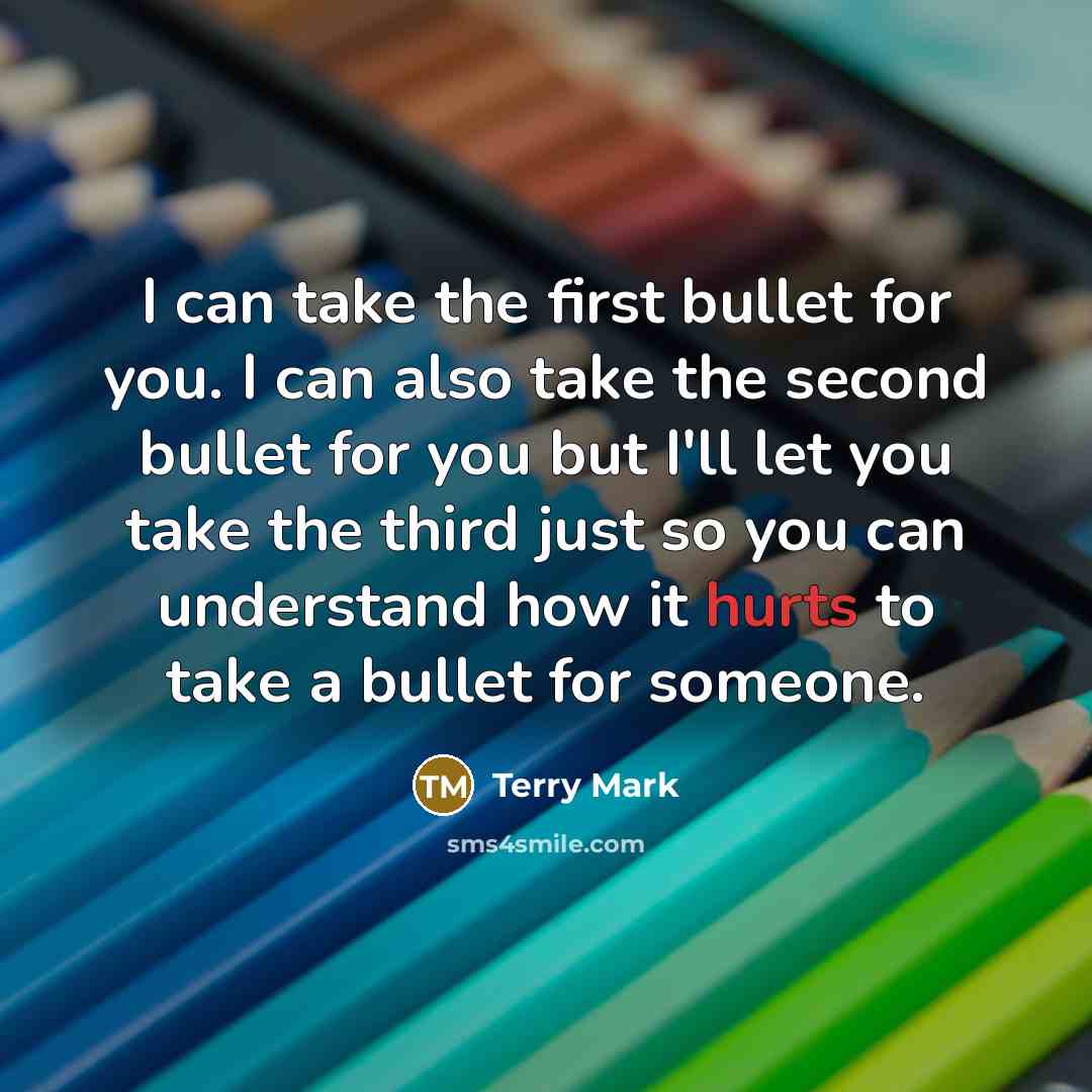 “I can take the first bullet for you. I can also take the second bullet for you but I'll let you take the third just so you can understand how it hurts to take a bullet for someone.” quote by Terry Mark