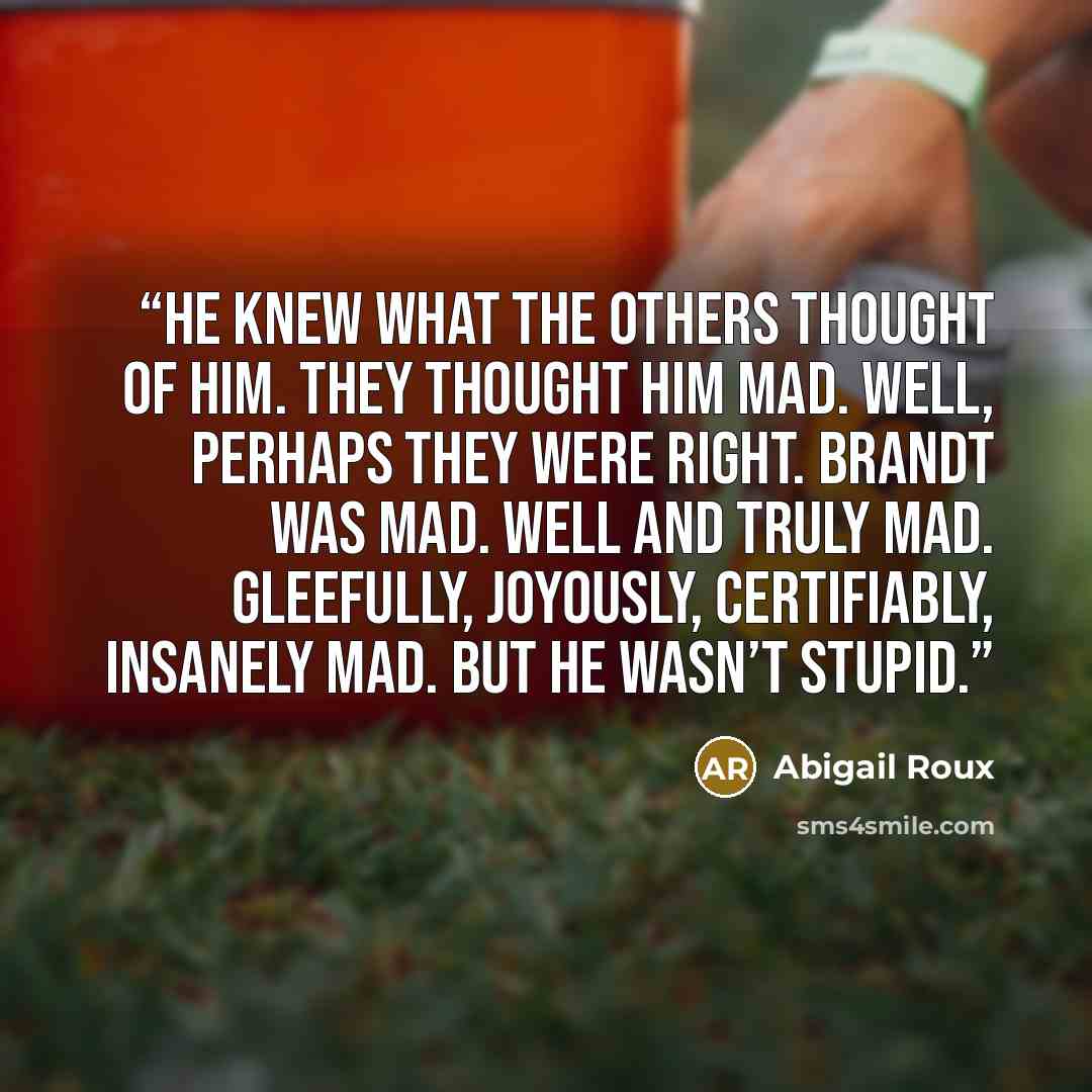 “He knew what the others thought of him. They thought him mad. Well, perhaps they were right. Brandt was mad. Well and truly mad. Gleefully, joyously, certifiably, insanely mad. But he wasn’t stupid.” quote by Abigail Roux