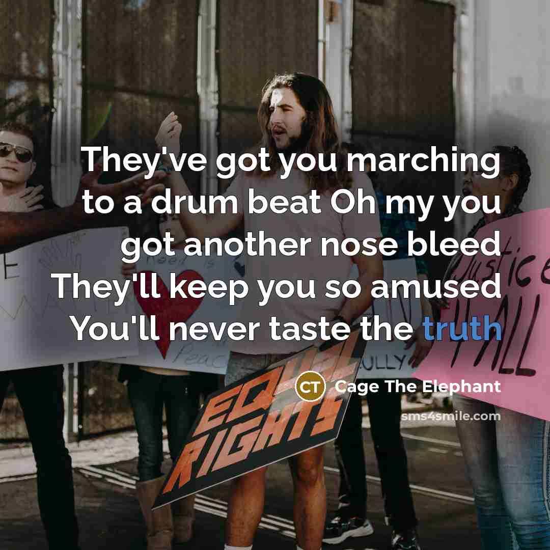 “They've got you marching to a drum beat Oh my you got another nose bleed They'll keep you so amused You'll never taste the truth” quote by Cage The Elephant